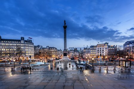 trafalgar Square is a tourist attraction in central London, England. It is home to Nelson's Column, iconic stone lions and Fourth Plinth. It's a must-see destination.